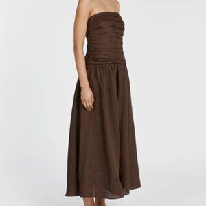 DISSH Catania Linen Strapless Midi Dress Brown Size 6